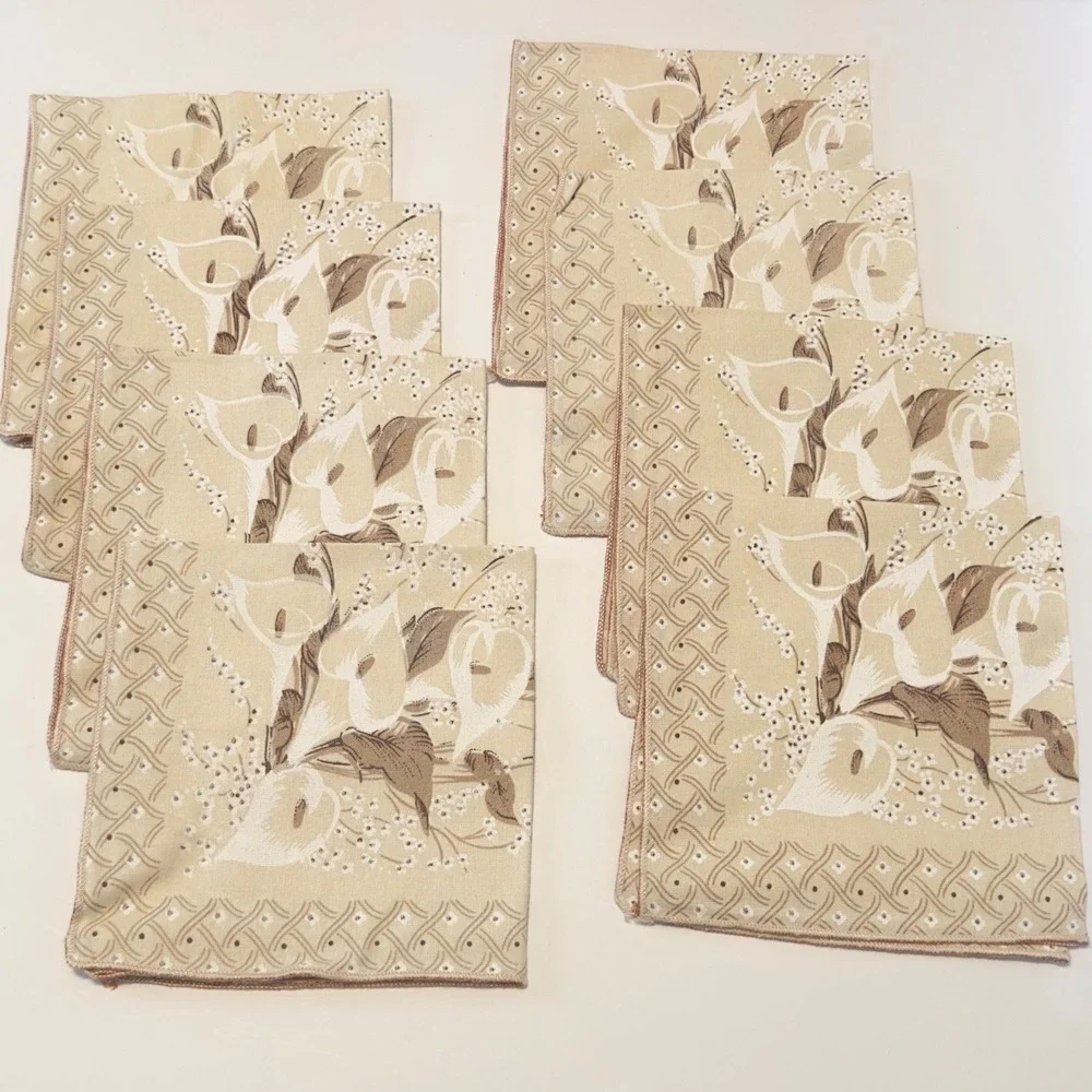 Vintage Calla Lily Floral Cloth Napkins Set of 8 Cream Tan Lattice Border 16x16